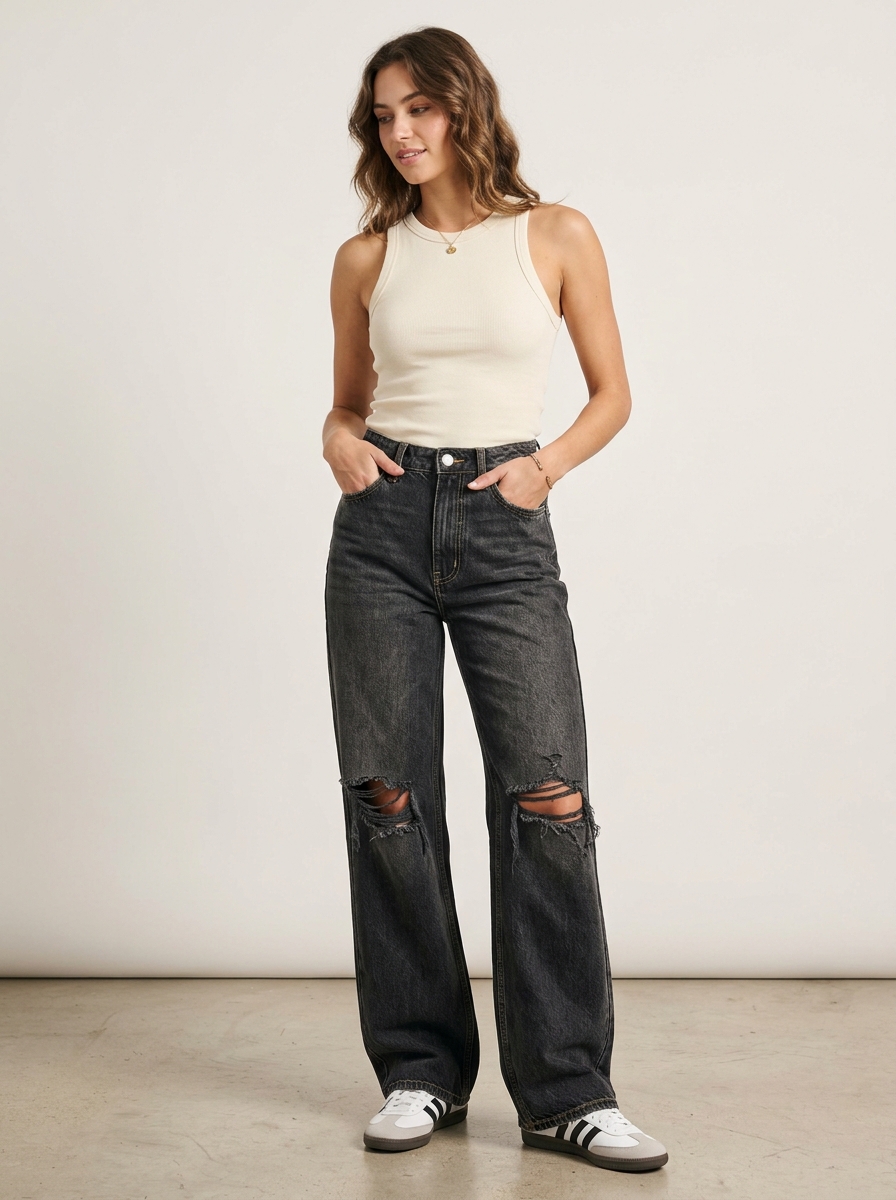 Jean Wide Leg Negro Roto Rodillas